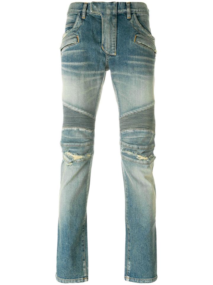 Balmain Distressed Biker Jeans - Blue