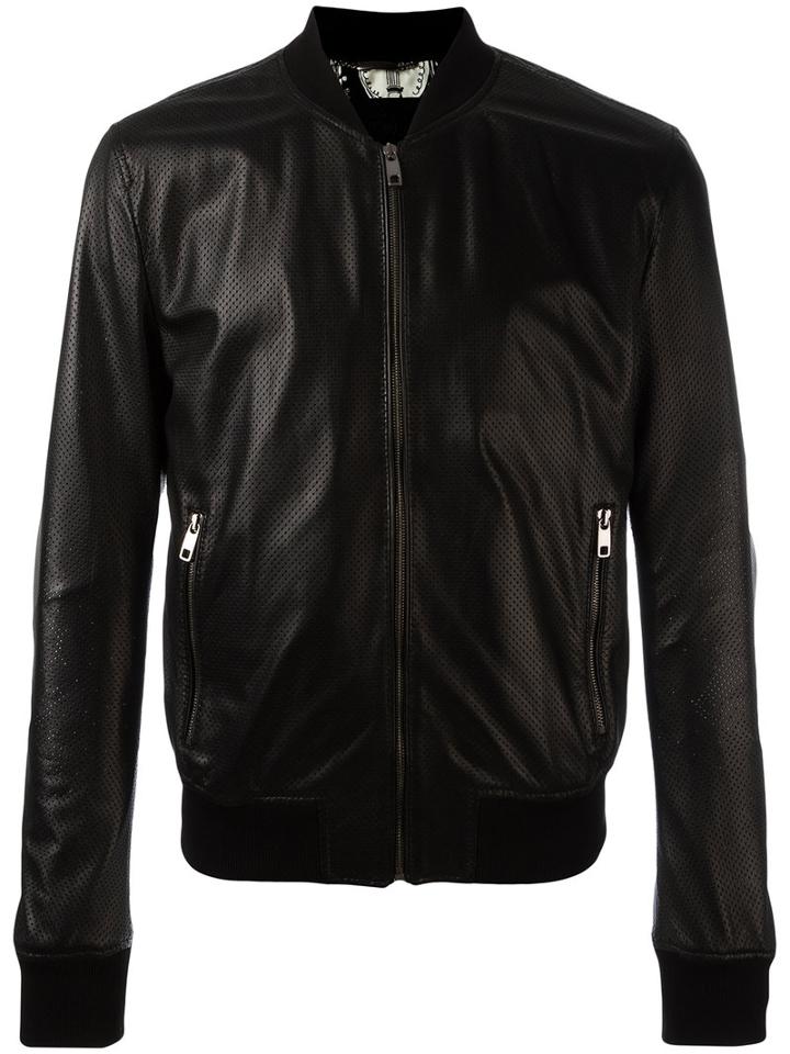 Dolce & Gabbana Perforated Leather Bomber Jacket, Men's, Size: 46, Black, Lamb Skin/silk