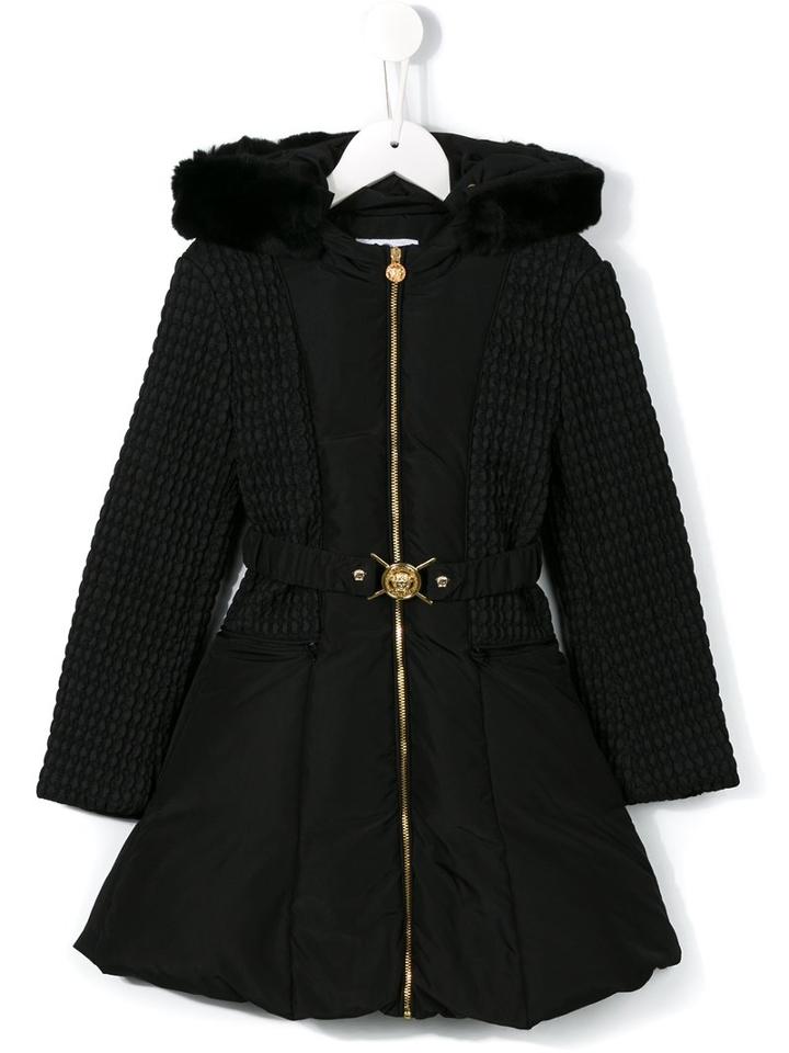 Young Versace Hooded Belted Coat, Girl's, Size: 7 Yrs, Black