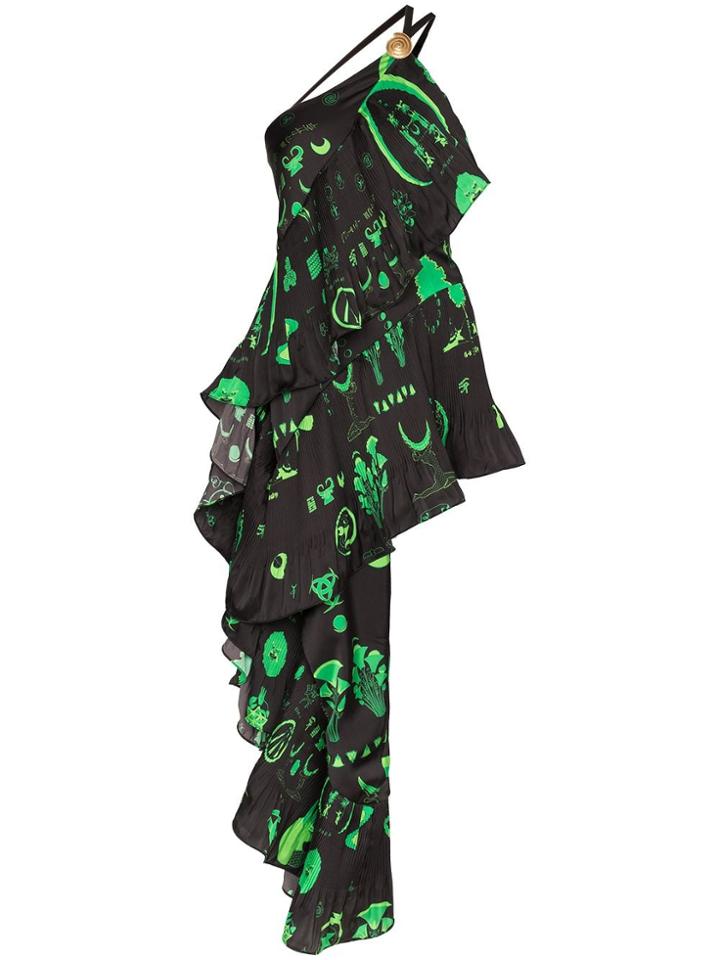 Marine Serre Asymmetric One-shoulder Printed Dress - Black