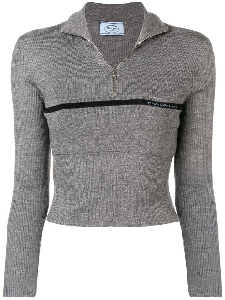 Prada Zipped Neck Cropped Jumper - Grey