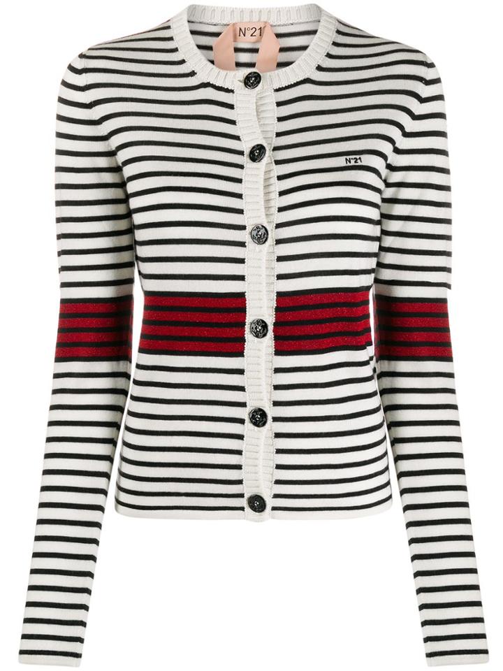Nº21 Ribbed Round Neck Striped Cardigan - White