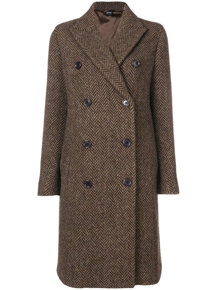 Aspesi Double Breasted Herringbone Coat - Brown
