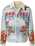 Gucci Shearling Lined Denim Jacket With Embroidery - Blue