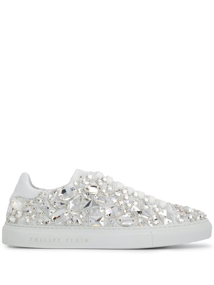 Philipp Plein Lo-top Crystal Embellished Snakers - White