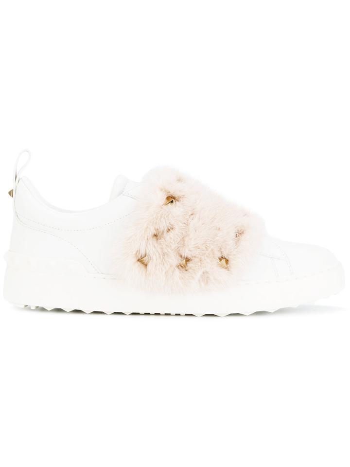 Valentino White Pink Fur Open Rockstud Sneakers