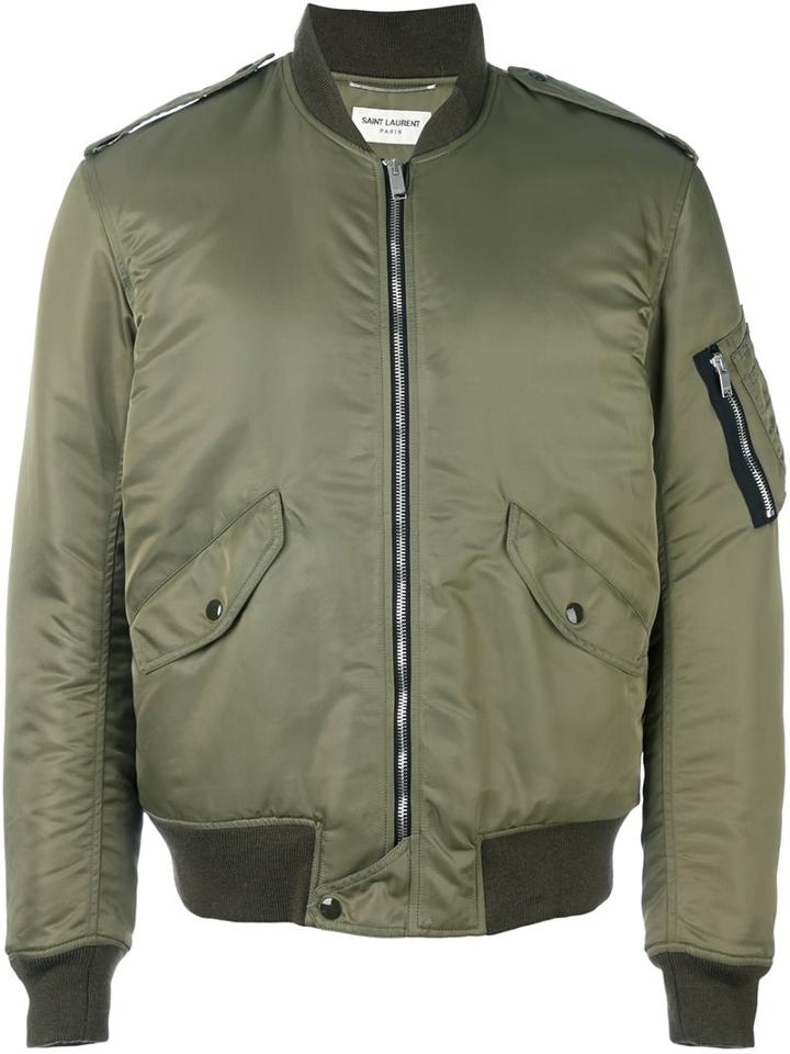 Saint Laurent Classic Bomber Jacket, Men's, Size: 50, Green, Cotton/nylon/polyester/wool