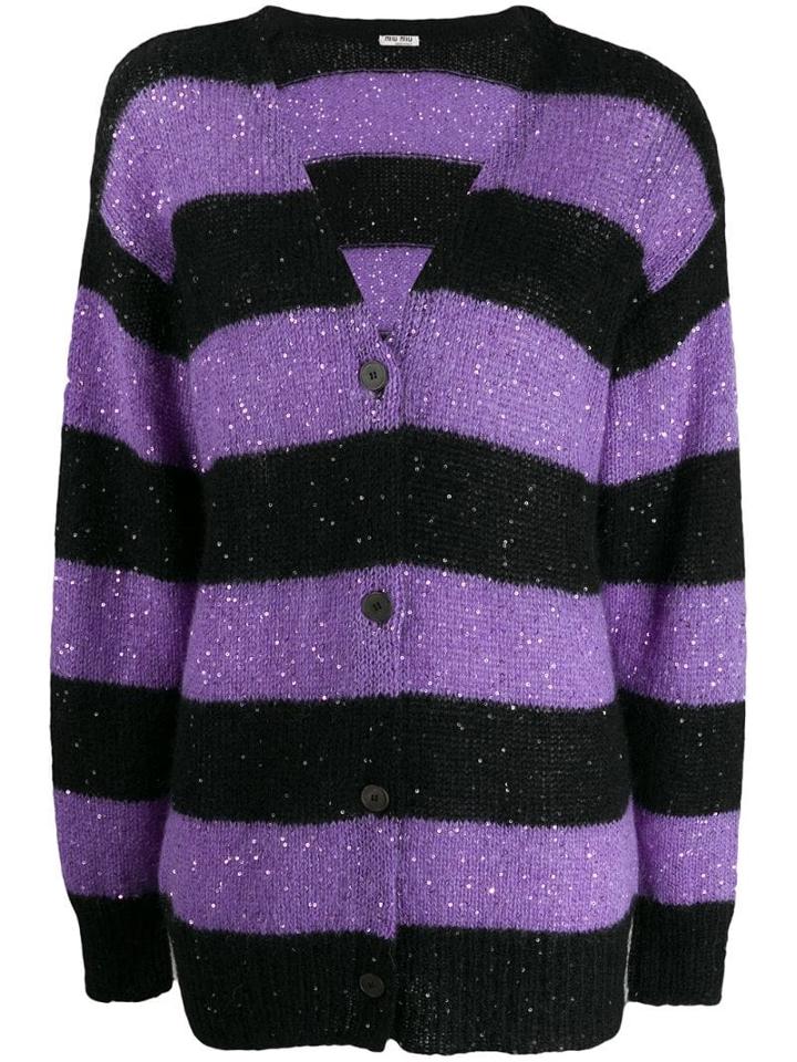Miu Miu Striped Sequin Cardigan - Black