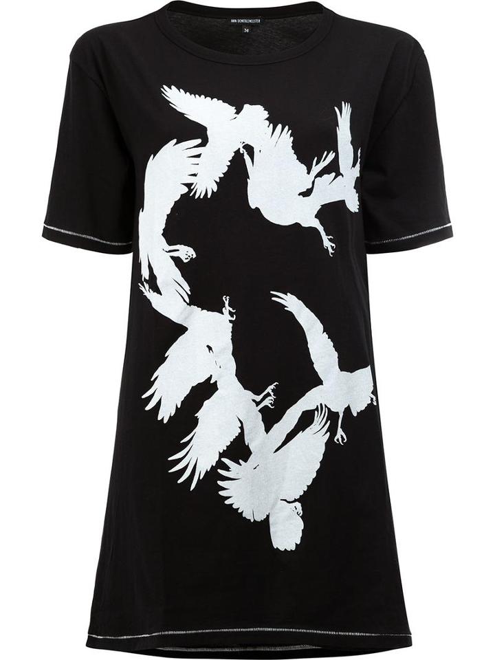 Ann Demeulemeester Bird Print Open Back T-shirt, Women's, Size: 34, Black, Cotton