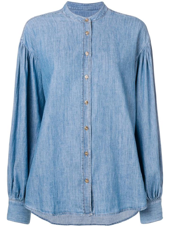 Closed Band Collar Denim Shirt - Blue