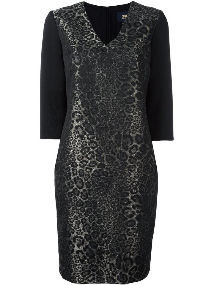 Cavalli Class Animalier Jacquard V-neck Dress, Women's, Size: 42, Black, Polyester/spandex/elastane/acetate