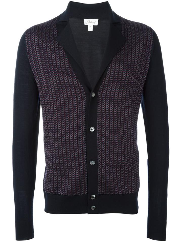Brioni Printed Cardigan, Men's, Size: 54, Blue, Silk/cashmere/wool