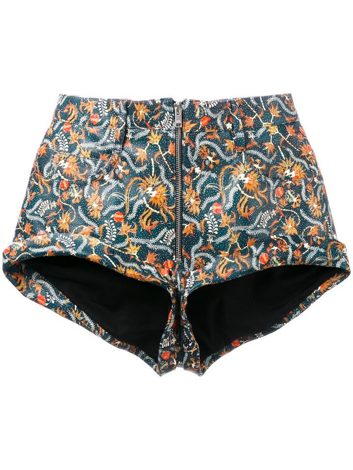 Isabel Marant Foliage Print Shorts, Women's, Size: 36, Green, Cotton/lamb Skin/spandex/elastane
