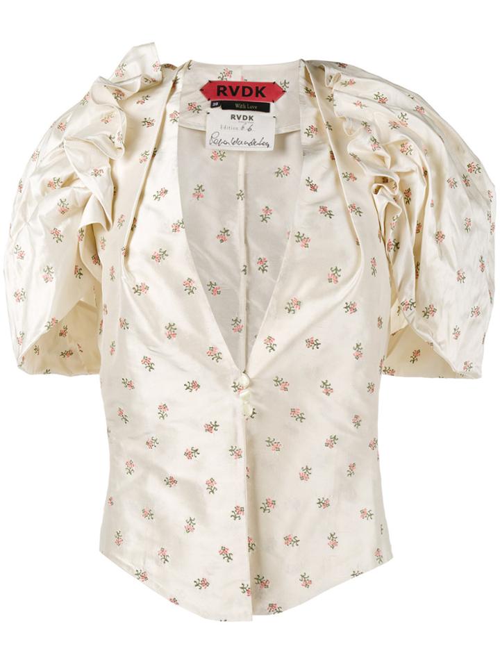 Ronald Van Der Kemp Floral Embroidered V-neck Blouse With Puff Sleeves