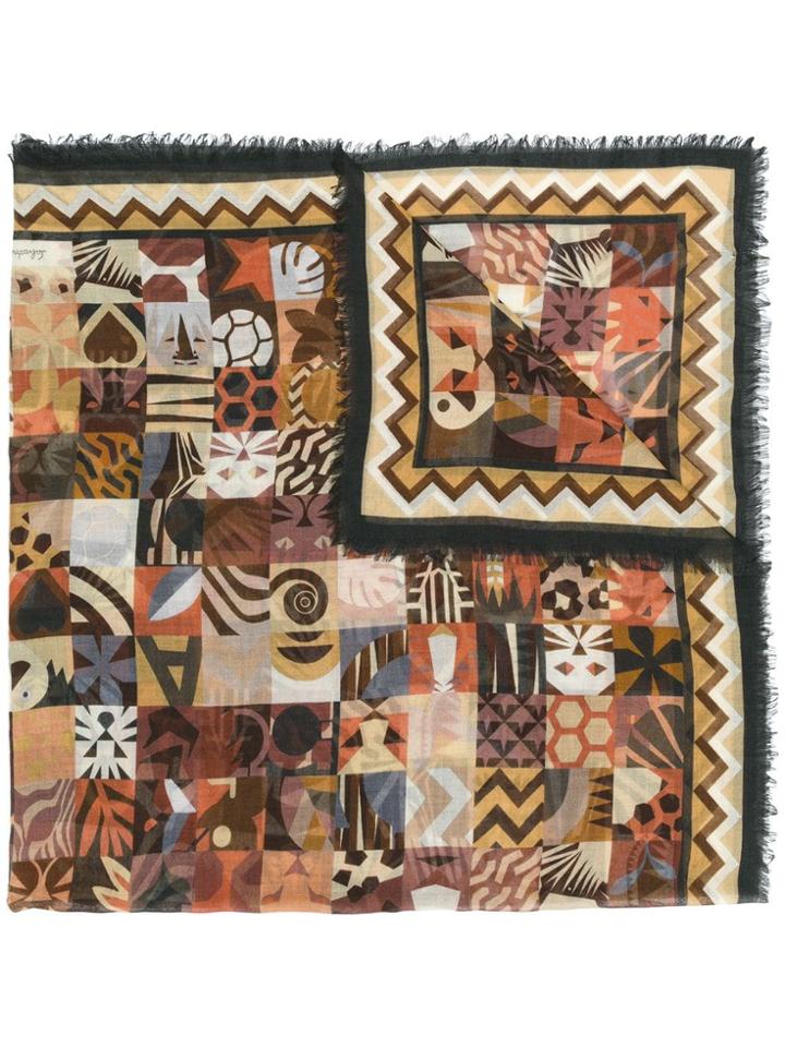 Salvatore Ferragamo Scialle Patchwork Print Square Scarf - Brown