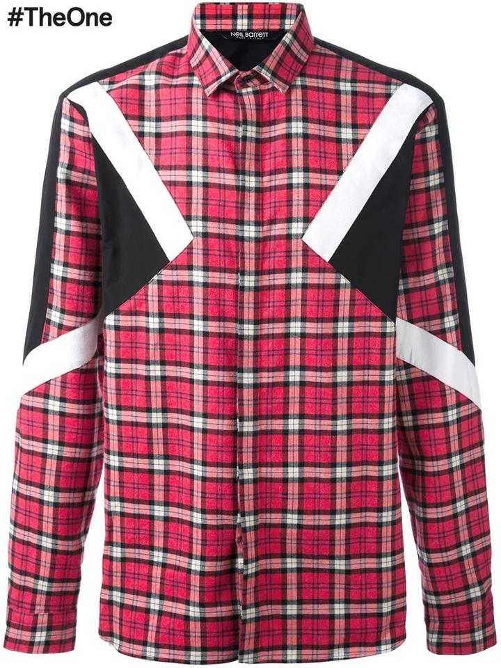 Neil Barrett Checked Patch Detail Shirt, Men's, Size: 39, Red, Cotton