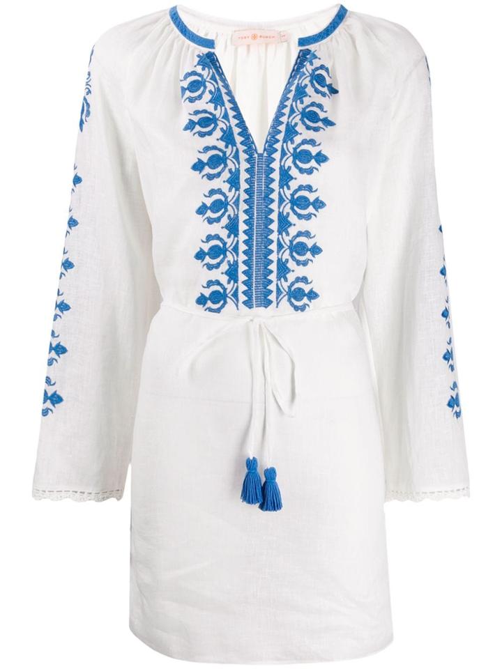 Tory Burch Tassel-detail Embroidered Mini Dress - White