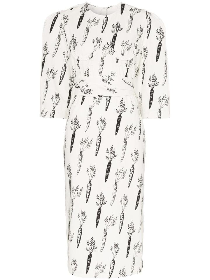 Pushbutton Carrot Print Belted Cotton Dress - White