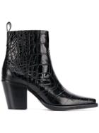 Ganni Crocodile Embossed Western Ankle Boots - Black