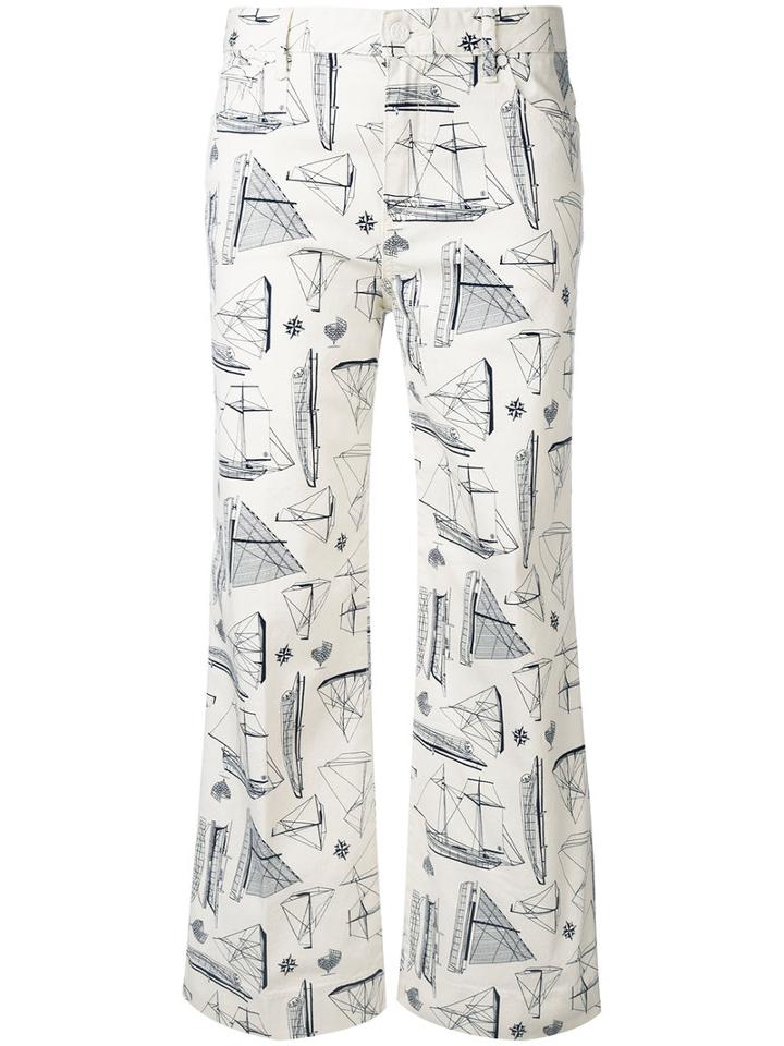 Tory Burch - Nautical Print Trousers - Women - Cotton/polyester/spandex/elastane - 28, White, Cotton/polyester/spandex/elastane