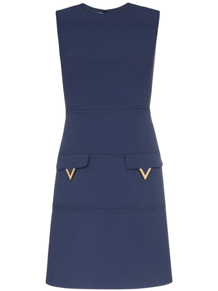 Valentino Sleeveless Logo Lettering Virgin Wool Mini Dress - Blue