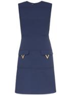 Valentino Sleeveless Logo Lettering Virgin Wool Mini Dress - Blue