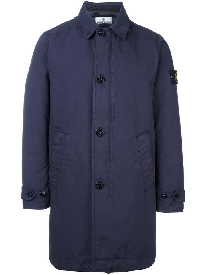 Stone Island Layered Buttoned Coat, Men's, Size: 4, Blue, Polyamide/polyurethane Resin/feather Down