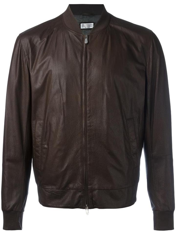 Brunello Cucinelli Leather Bomber Jacket, Men's, Size: Xxl, Brown, Leather/cupro