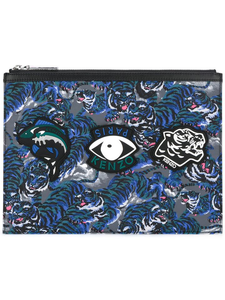 Kenzo Multi Icon Print Clutch, Men's, Blue, Leather/polyamide/rubber