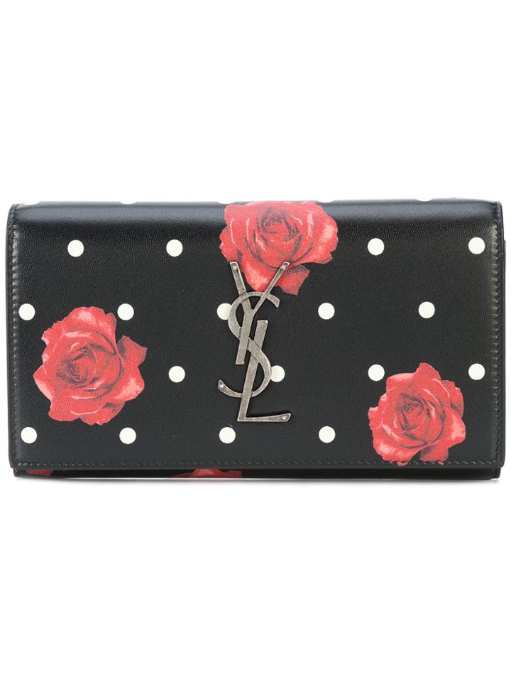 Saint Laurent Rose Print Foldover Wallet - Black