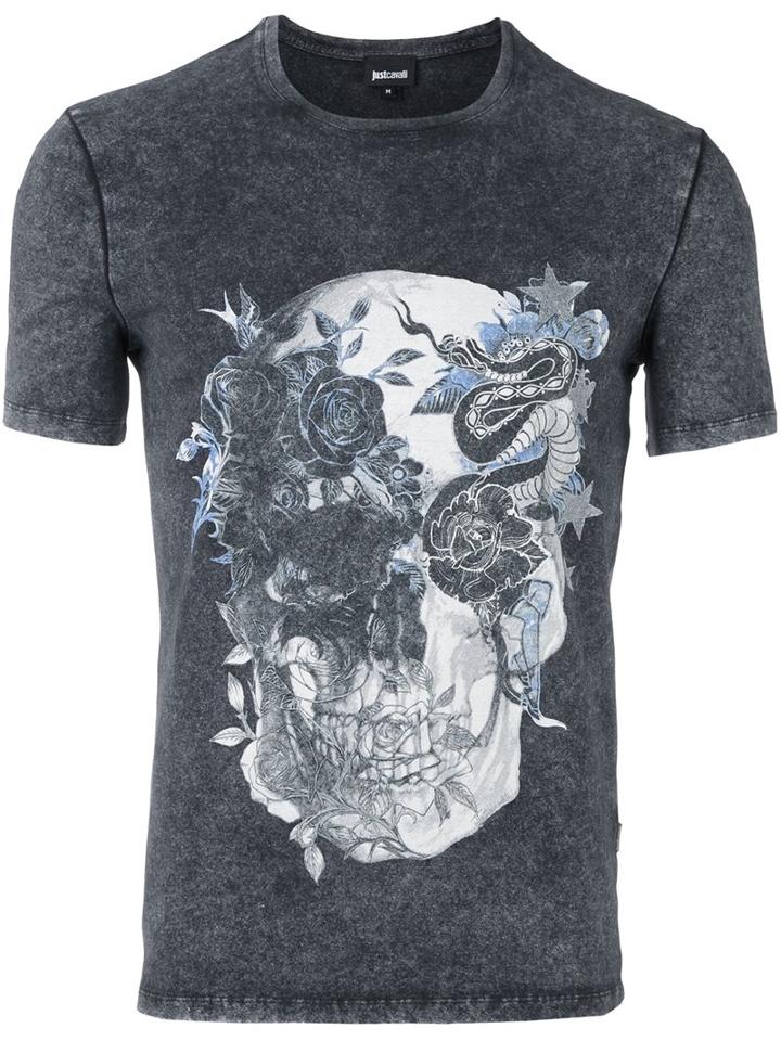 Just Cavalli Skull Print T-shirt, Men's, Size: Large, Grey, Cotton/spandex/elastane