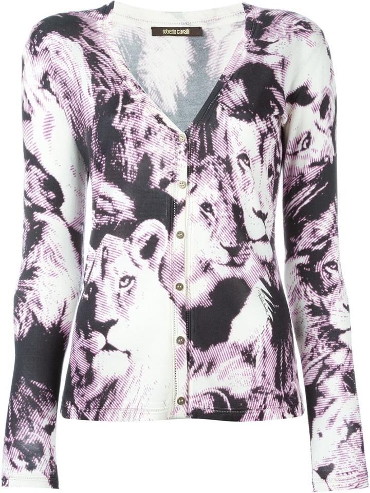 Roberto Cavalli Printed V-neck Cardigan, Women's, Size: 40, Nude/neutrals, Silk