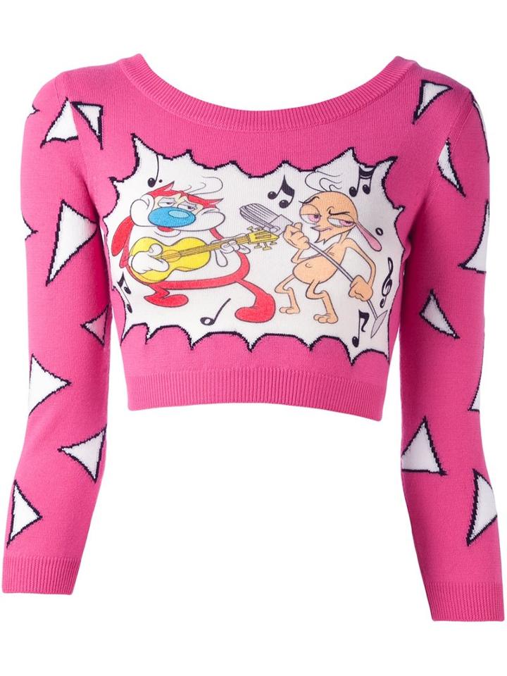 Jeremy Scott Ren And Stimpy Cropped Knitted Top, Women's, Size: 40, Pink/purple, Virgin Wool