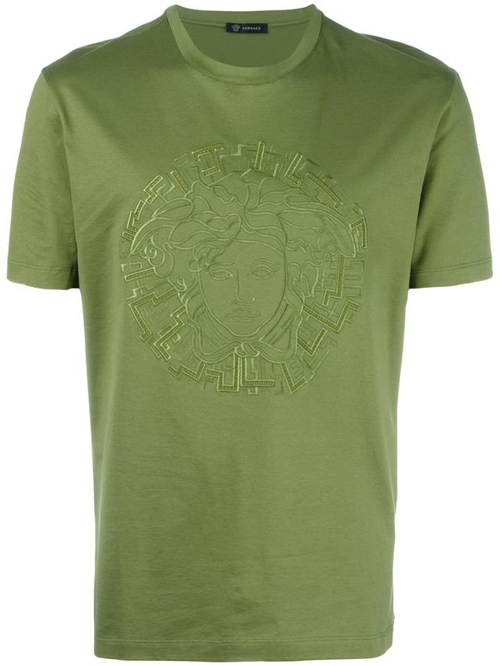 Versace Embroidered Medusa T-shirt, Men's, Size: Large, Green, Cotton/silk