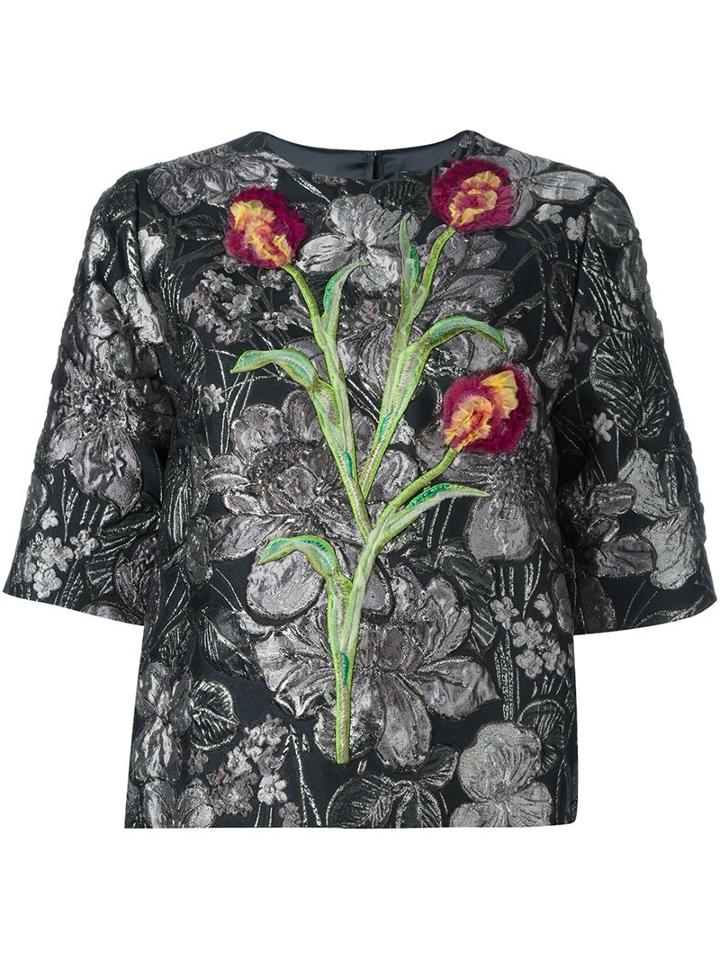 Dolce & Gabbana Tulip Floral Embroidered Top, Women's, Size: 40, Black, Acetate/polyester/silk/spandex/elastane