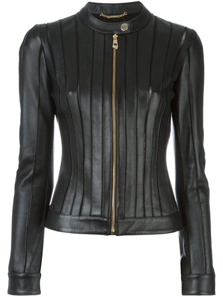 Versace Collection Fitted Leather Jacket, Women's, Size: 42, Black, Lamb Skin/polyamide/spandex/elastane