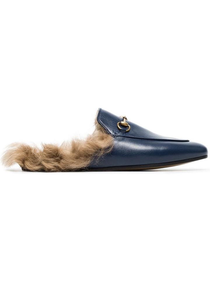 Gucci Blue Princetown Shearling Lined Leather Backless Loafers