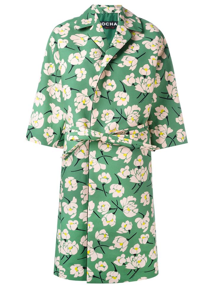 Rochas Belted Floral Coat, Women's, Size: 40, Green, Silk/cotton/viscose