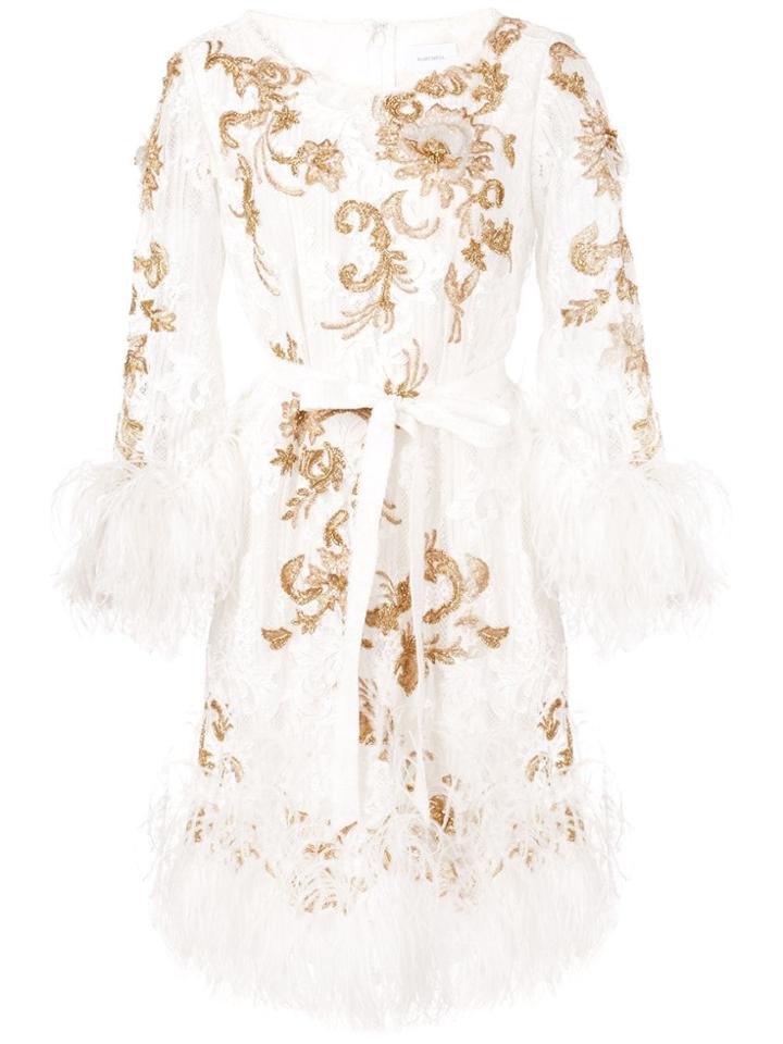Marchesa Baroque Style Feathered Dress - White