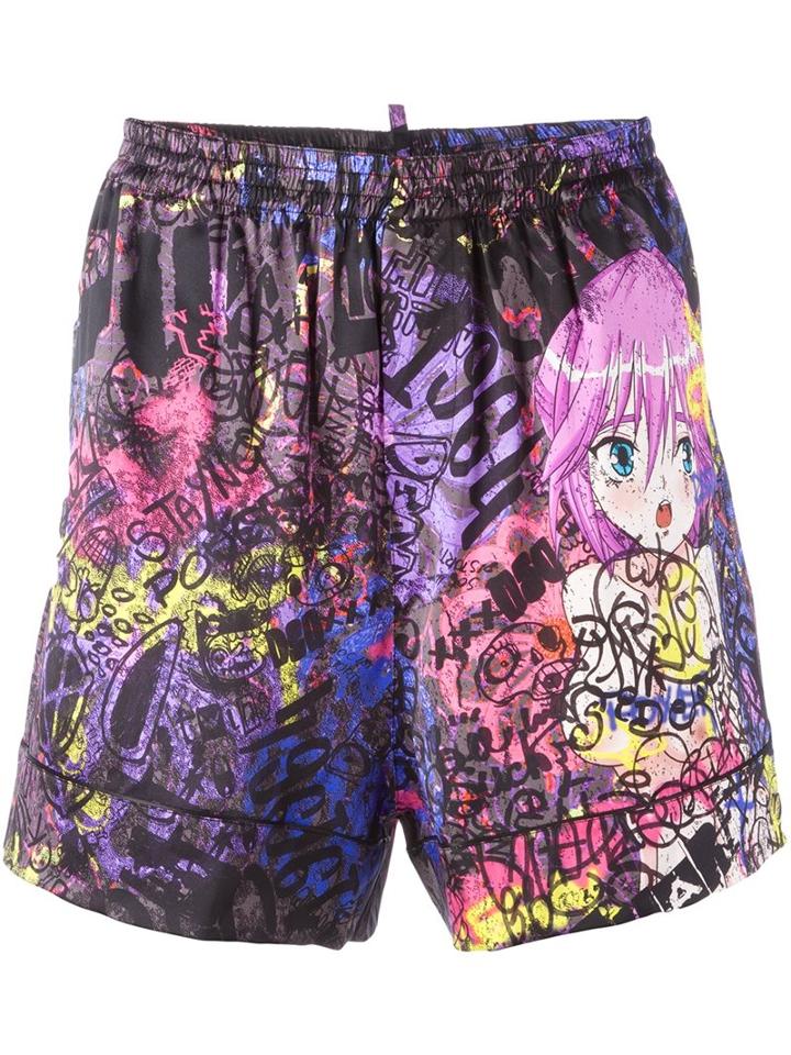 Dsquared2 Graffiti Shorts, Men's, Size: Small, Black, Silk/spandex/elastane