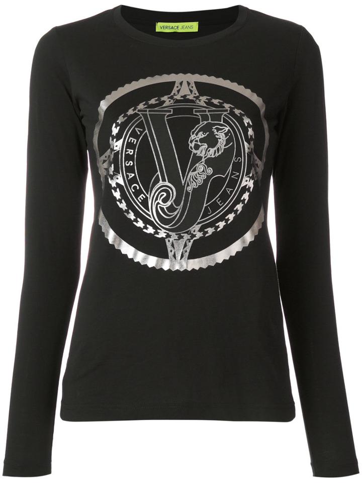Versace Jeans - Foil Logo Long Sleeve Top - Women - Cotton - L, Black, Cotton