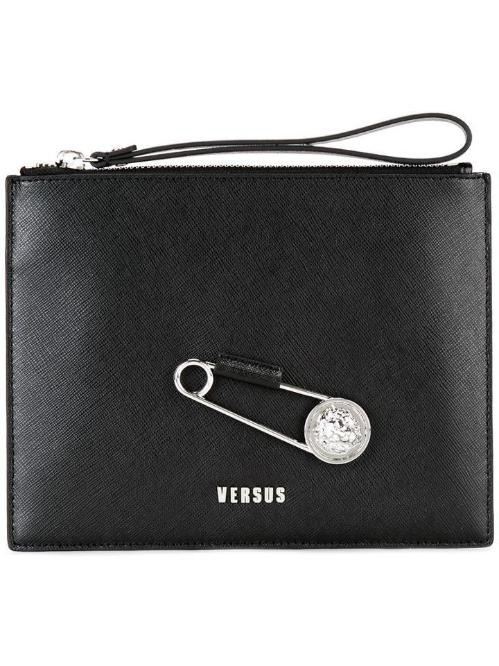Versus Oversized Pin Detail Clutch, Women's, Black, Calf Leather