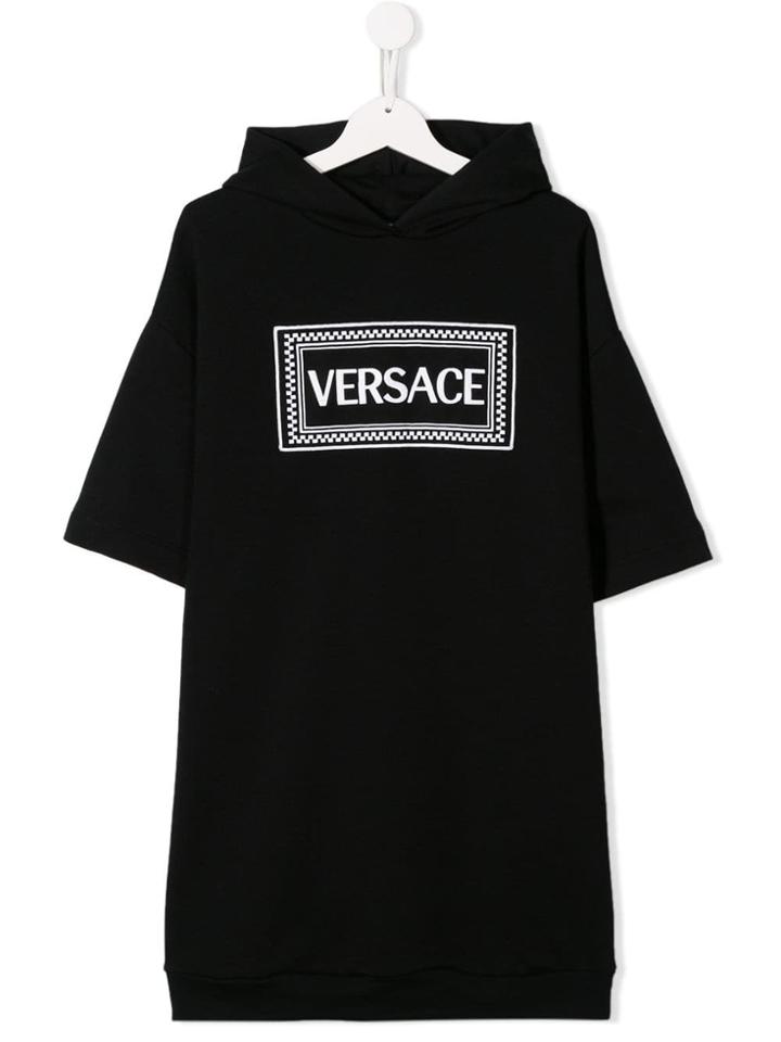 Young Versace Logo Hooded Sweatshirt Dress - Black