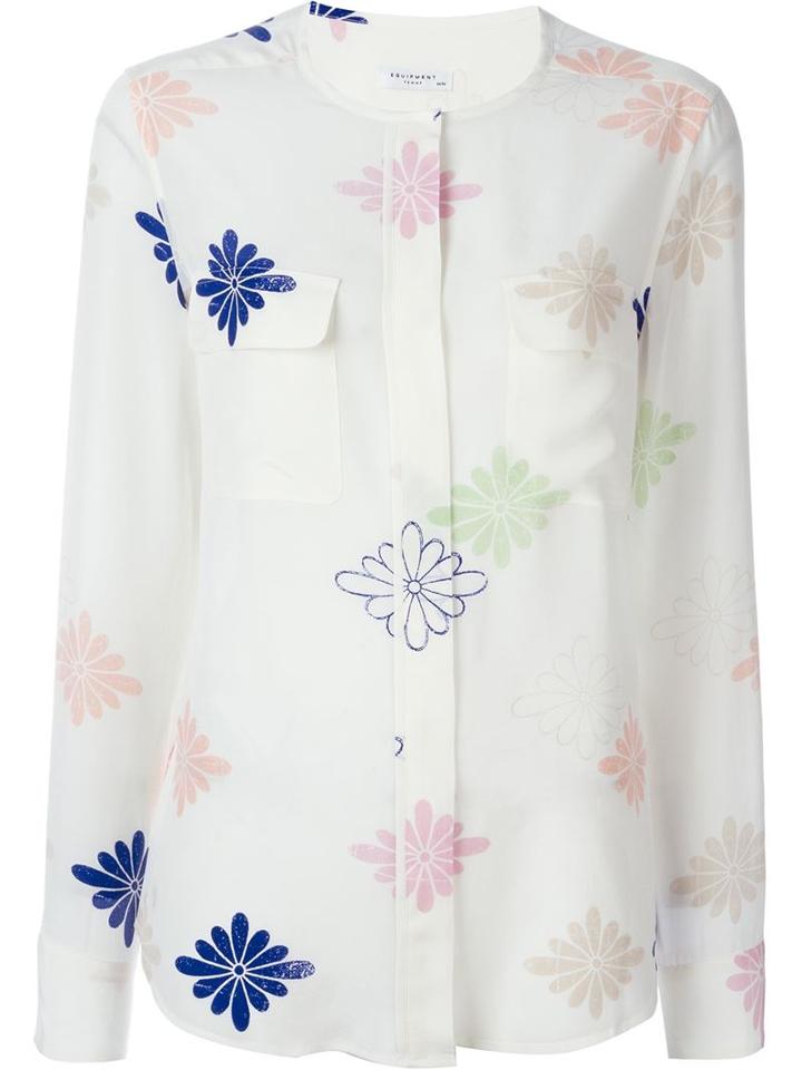 Equipment Collarless Flower Pattern Button Down Shirt, Women's, Size: S, White, Silk