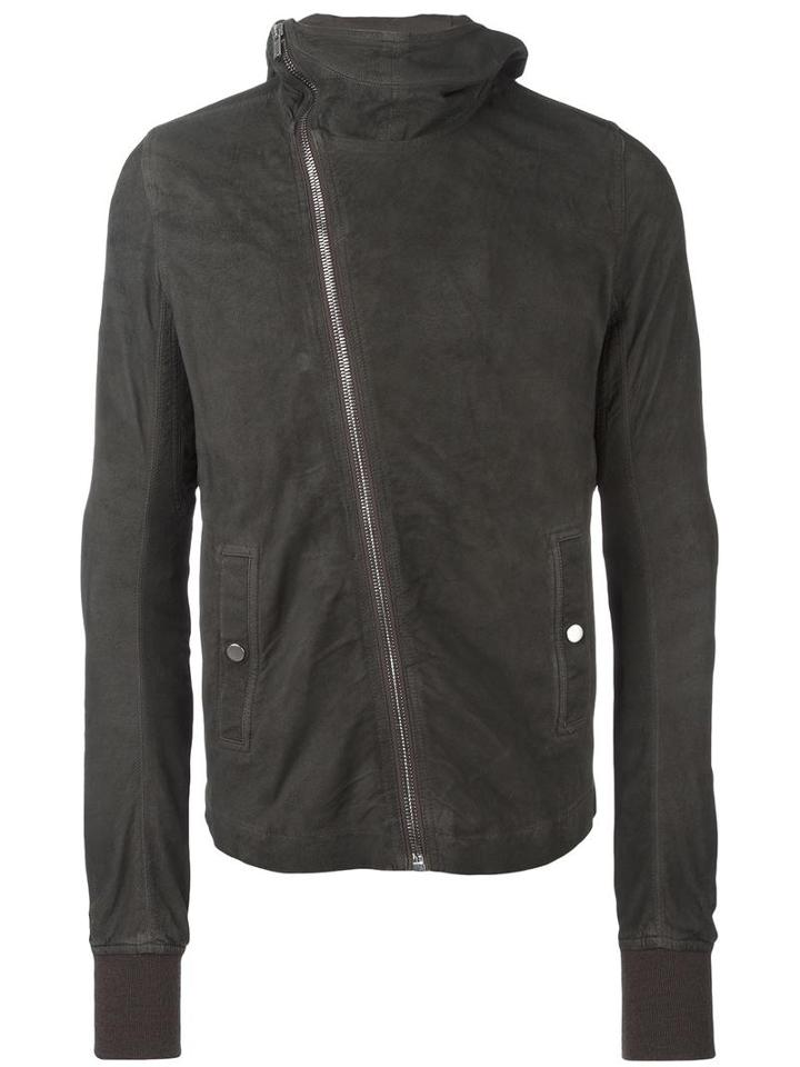 Rick Owens Hooded Leather Jacket, Men's, Size: 48, Grey, Lamb Skin/cotton/cupro