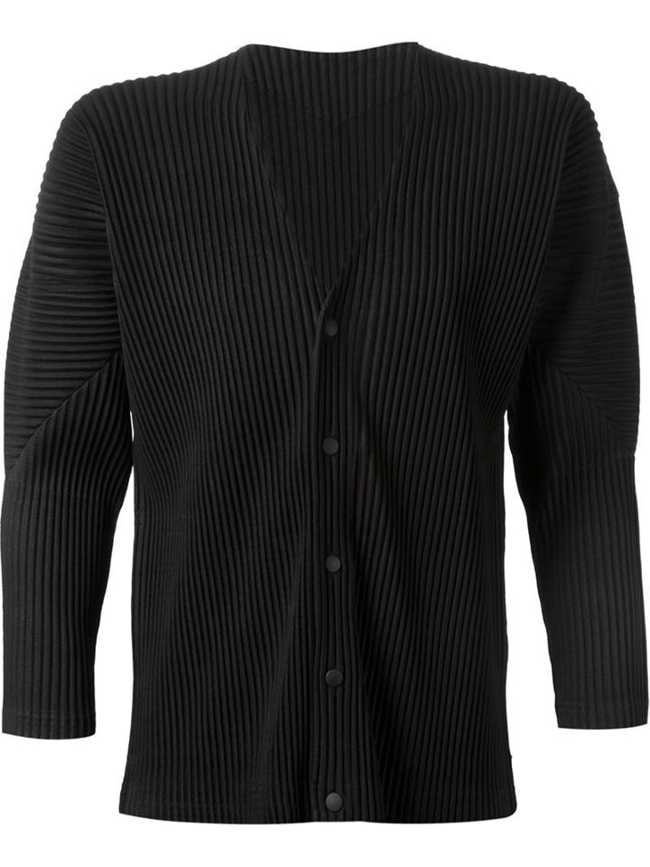 Homme Plissé Issey Miyake Pleated V-neck Cardigan, Men's, Size: 3, Black, Polyester