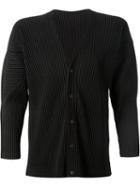 Homme Plissé Issey Miyake Pleated V-neck Cardigan, Men's, Size: 3, Black, Polyester