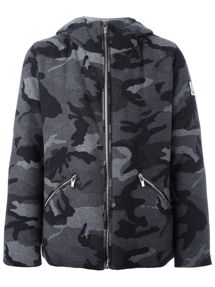 Moncler Gamme Bleu Camouflage Print Hooded Jacket, Men's, Size: 0, Grey, Cotton/feather Down/cupro/wool
