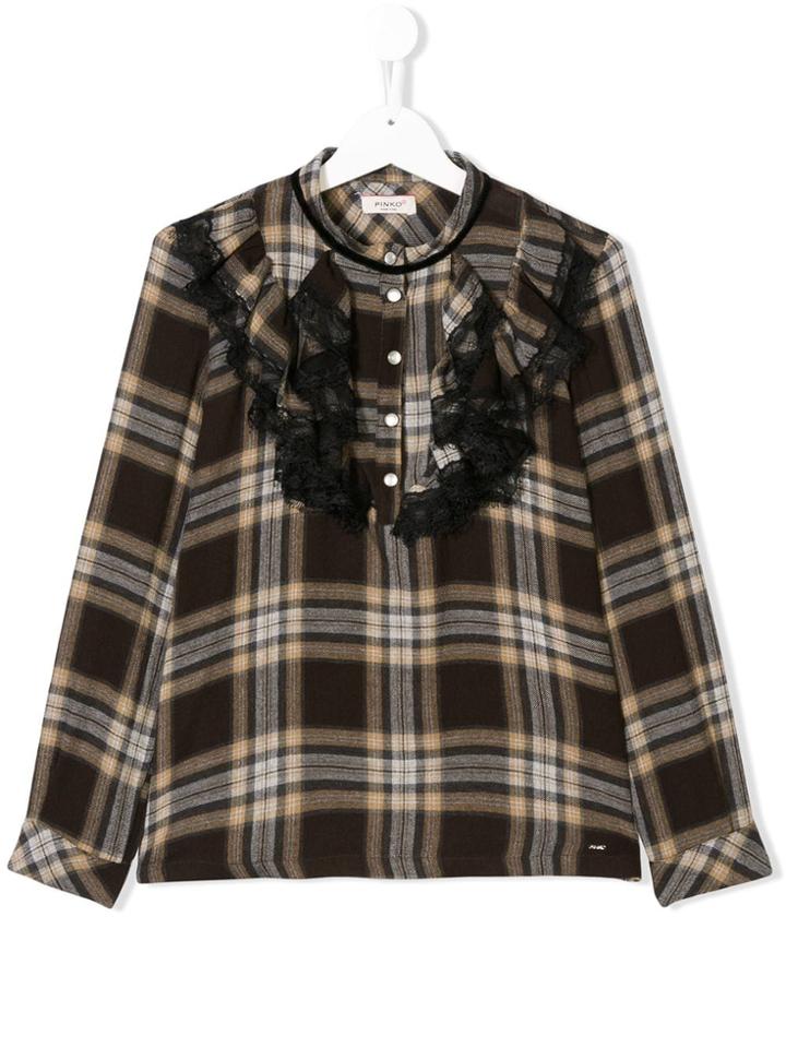 Pinko Kids Frilled Collarless Check Shirt - Brown