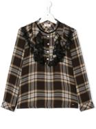 Pinko Kids Frilled Collarless Check Shirt - Brown